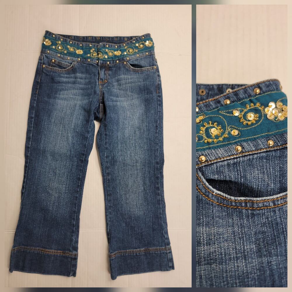90's 00's vintage boho beaded denim y2k cropped pants capris Size 4 cache RARE